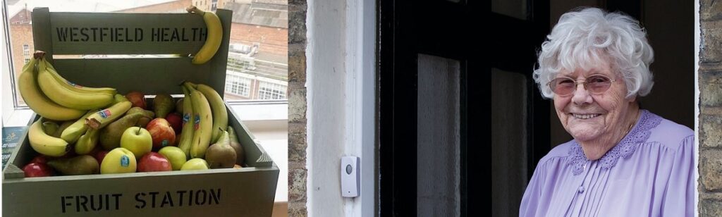Older woman at her door and an image of Westfield Health fruit station