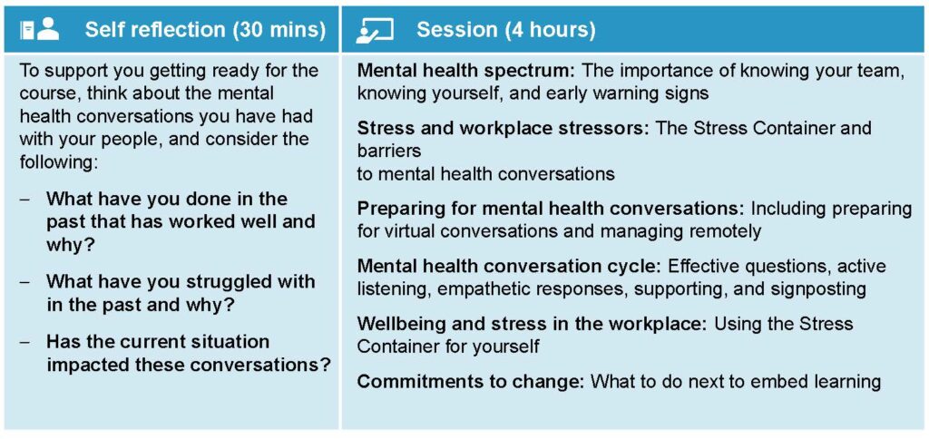 The course structure showing 30 minutes of self reflection about mental health conversations and 4 hours of teaching on workplace stressors, wellbeing and commitments to change. 