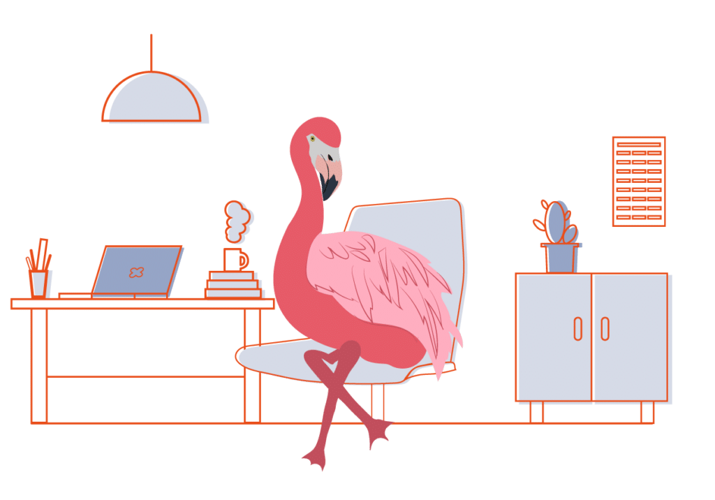 Illustration showing a flamingo at a desk