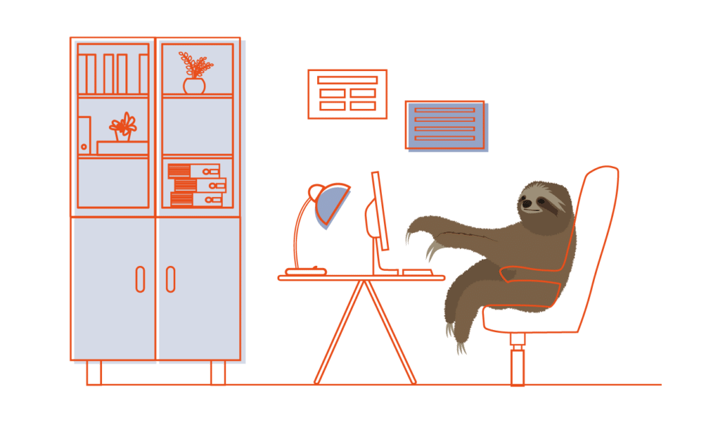 Illustration showing a sloth at a desk