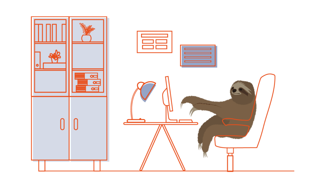 Illustration showing a sloth at a desk