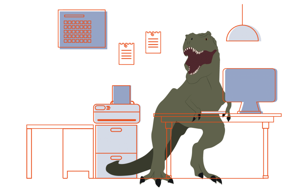 Illustration showing a t-rex at a desk